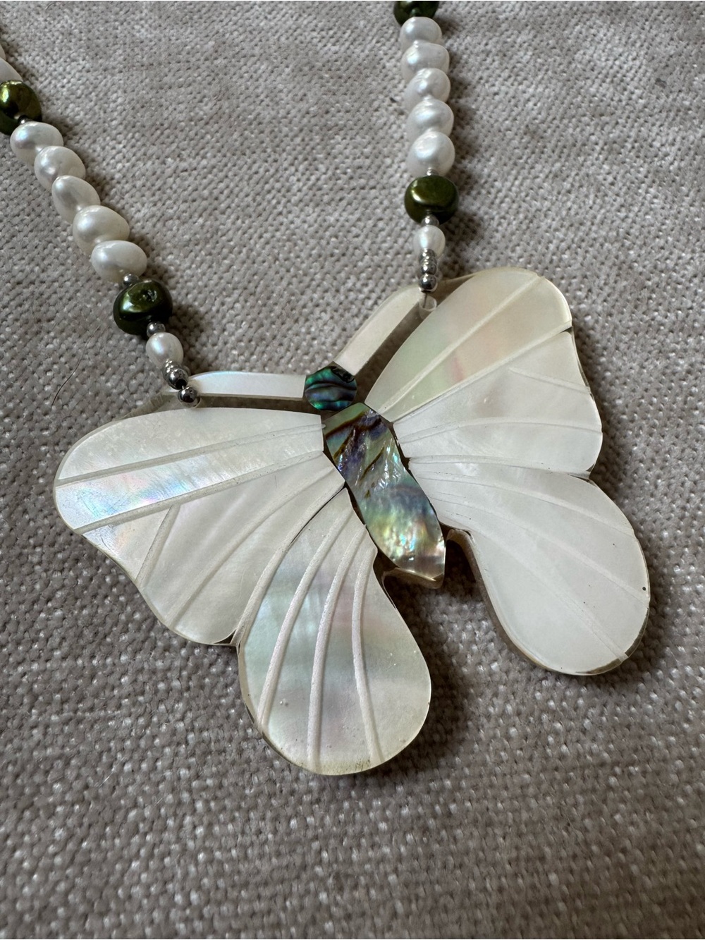 Lee Sands Signed White Mother-of-Pearl & Abalone Butterfly Pendant Necklace